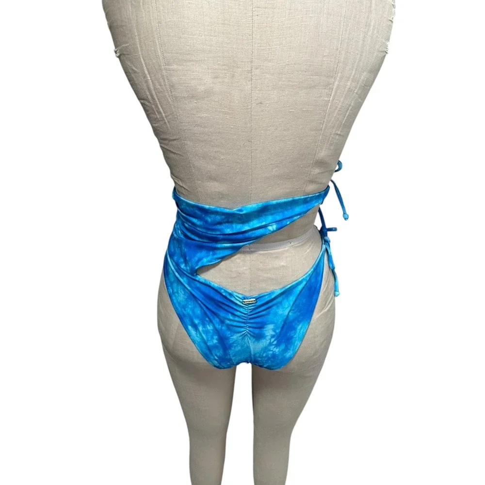 NEW Beach Bunny Bikini Bottoms Size L Blue Double Adjustable Wrap Scrunch Ties